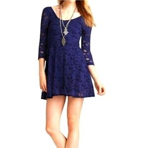 FREE People Dress Womens Blue Rose Garden Lace Mini Dress Fit Flare Size M